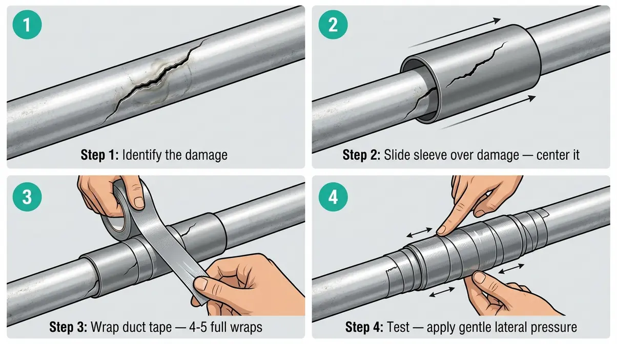 Step-by-step photos showing a pole repair sleeve slid over a cracked aluminum tent pole and secured with duct tape