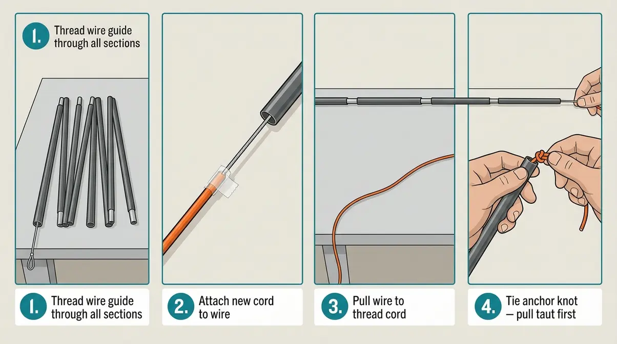 Animated sequence showing shock cord being threaded through tent pole sections using a wire guide