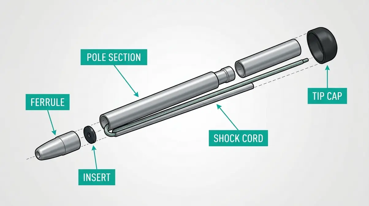 Diagram labeling tent pole anatomy including pole section, ferrule, insert, shock cord, and tip