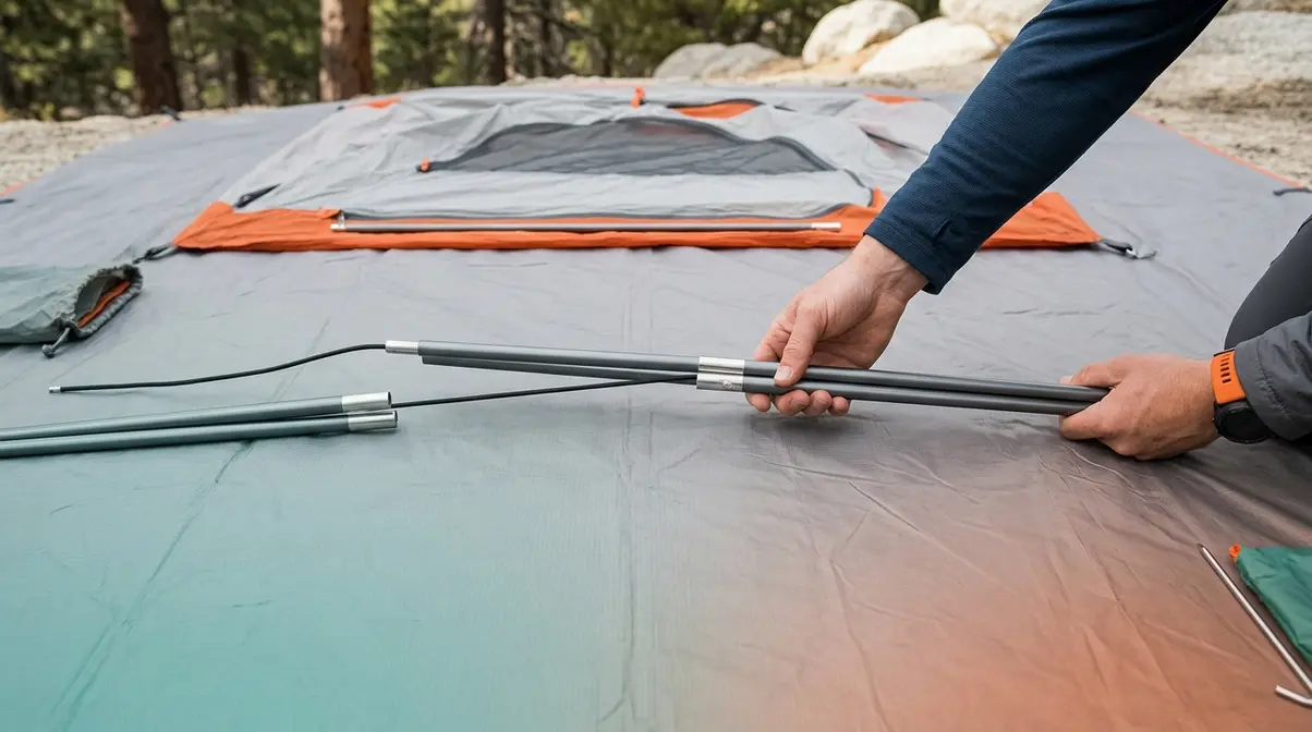Hands assembling tent pole sections by connecting ferrules in sequence on a groundsheet