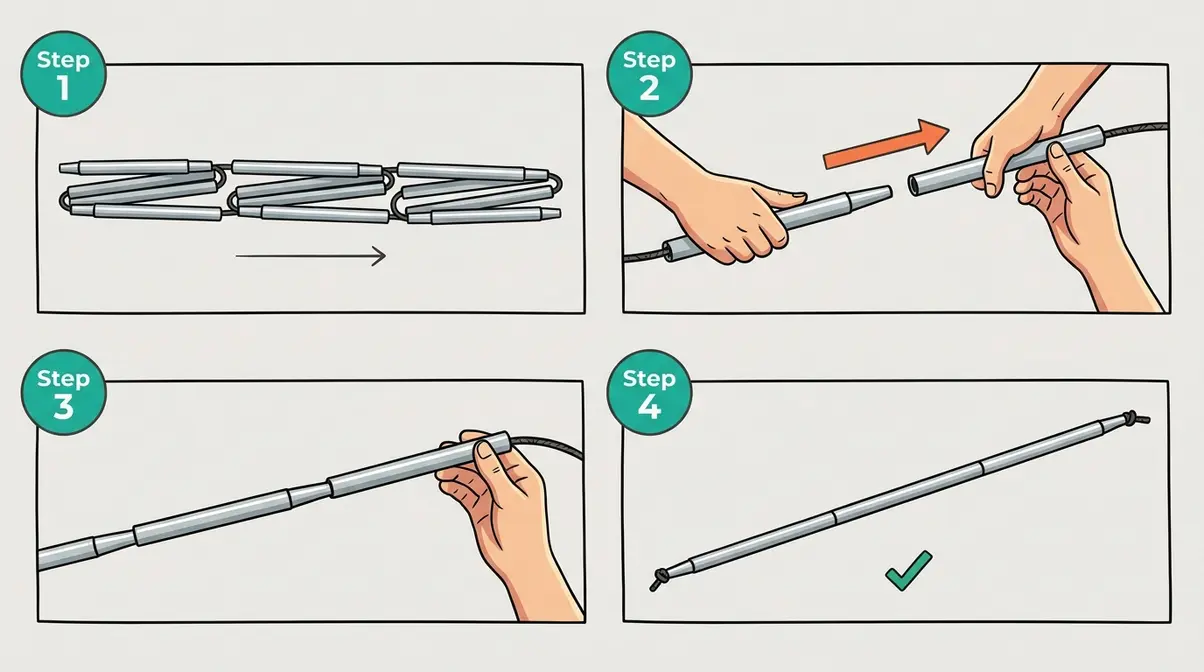 Step-by-step illustration showing tent pole sections being connected with shock cord under tension