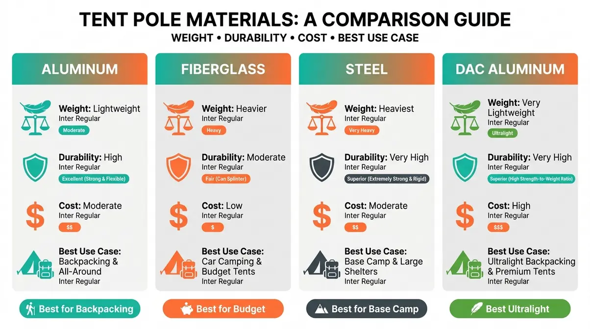Infographic comparing aluminum, fiberglass, and steel tent poles by weight, durability, cost, and best use case