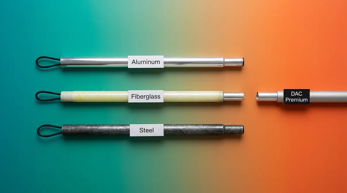 Aluminum, fiberglass, and steel tent pole sections arranged side by side for material comparison