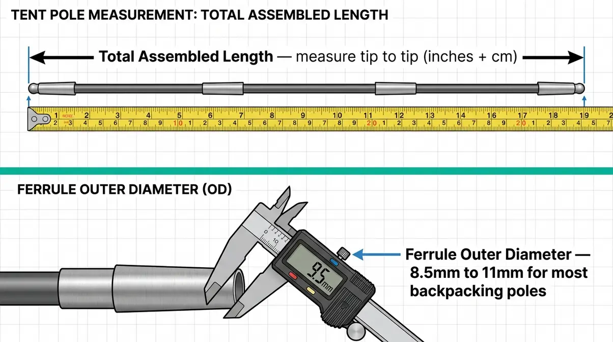 Diagram showing how to measure total assembled tent pole length and ferrule diameter using tape measure and caliper