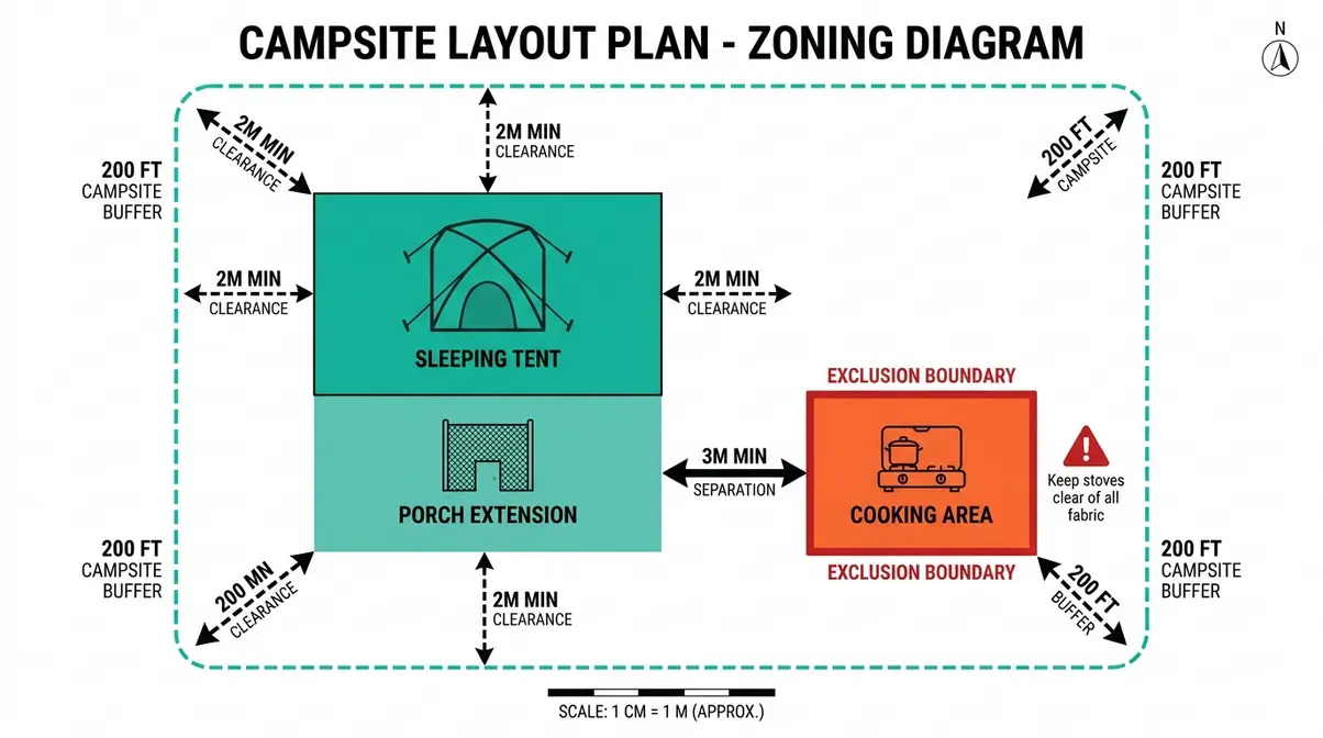 Overhead campsite diagram showing safe zones for sleeping tent, porch extension, and cooking area