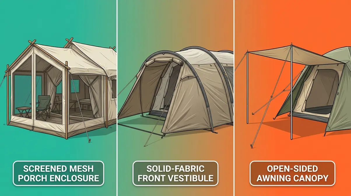 Three types of tent porch extensions: screened porch, vestibule, and awning side by side