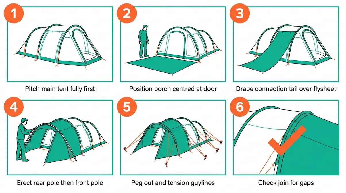 Six-step illustrated guide showing how to attach a universal tent porch extension to a tunnel tent