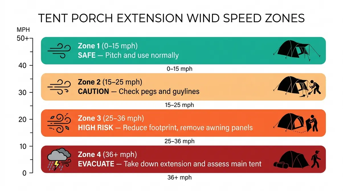 Wind speed chart showing safe and unsafe conditions for tent porch extensions from calm to 36 mph