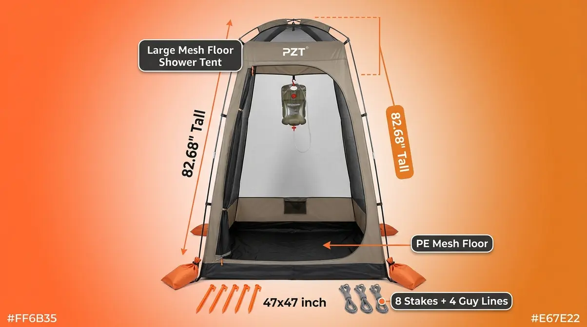 Large mesh floor shower tent at 82.68 inches tall with PE mesh floor and full anchoring kit