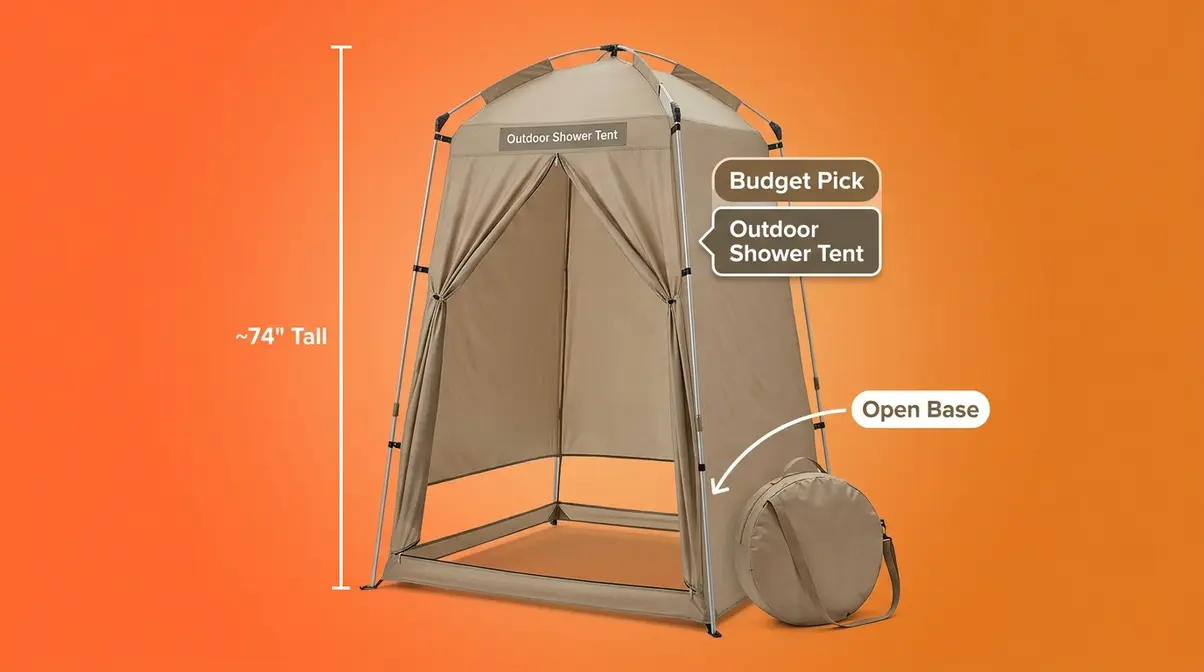 Budget outdoor shower tent with open base design and carry bag for occasional camping use