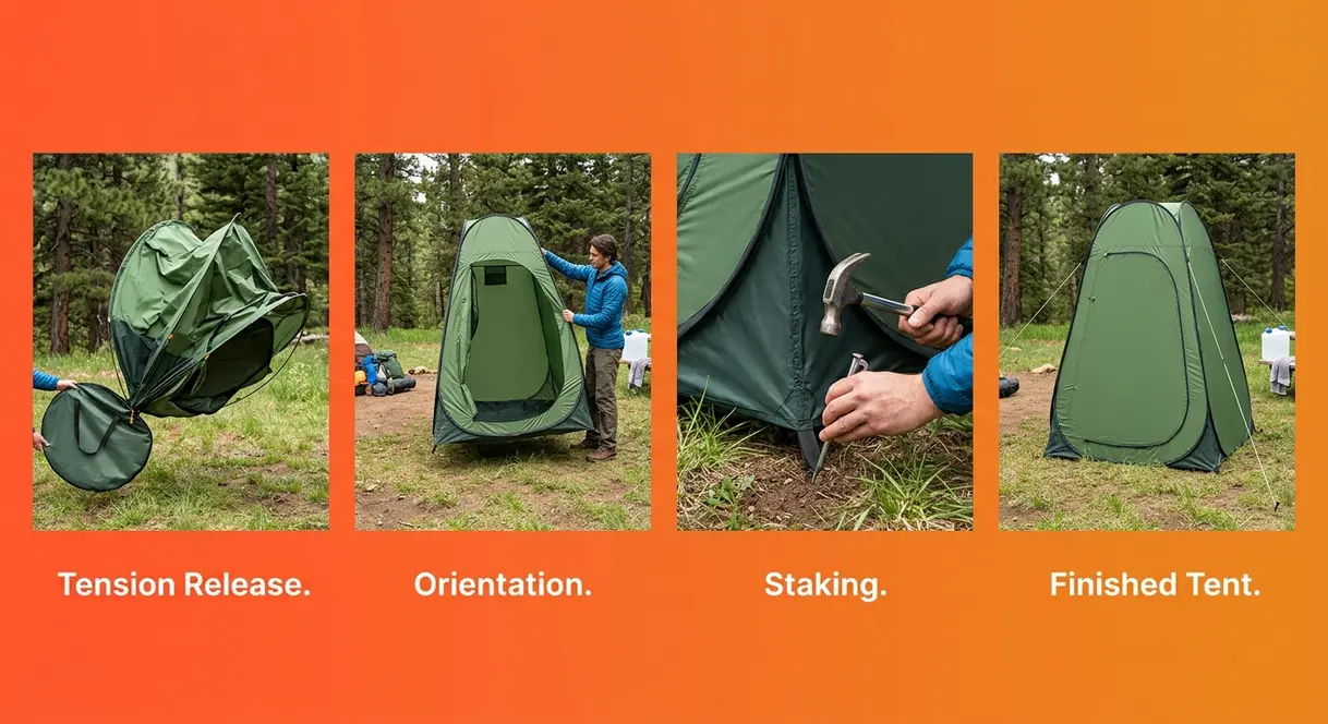 Pop-up privacy tent setup steps showing unpack, position, and stake process at campsite