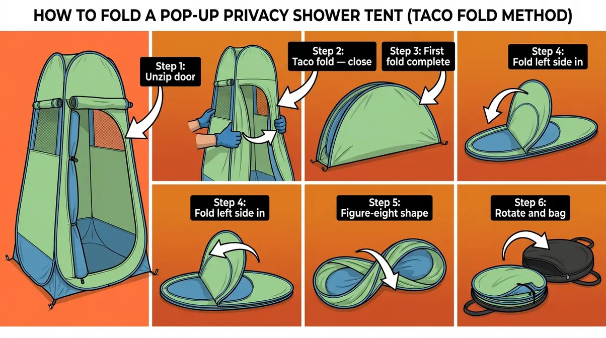 Step-by-step taco fold diagram for collapsing a pop-up shower tent into a flat carry disc