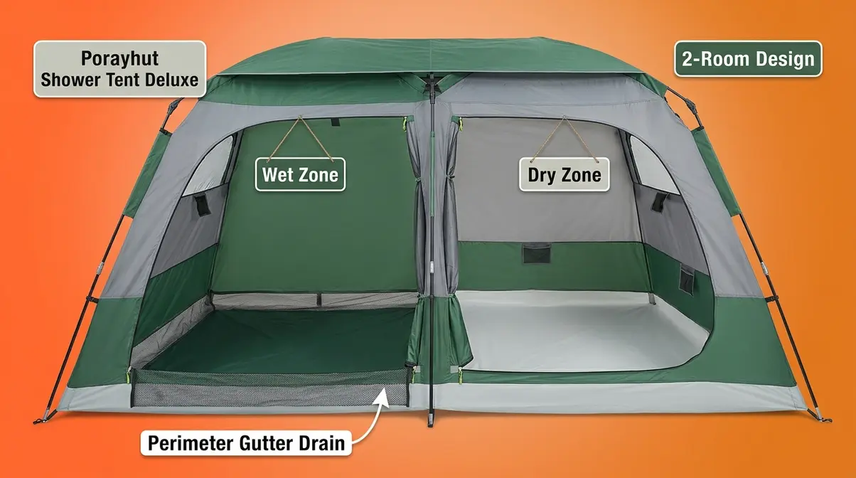 Porayhut Shower Tent Deluxe two-room design with perimeter mesh gutter drain system