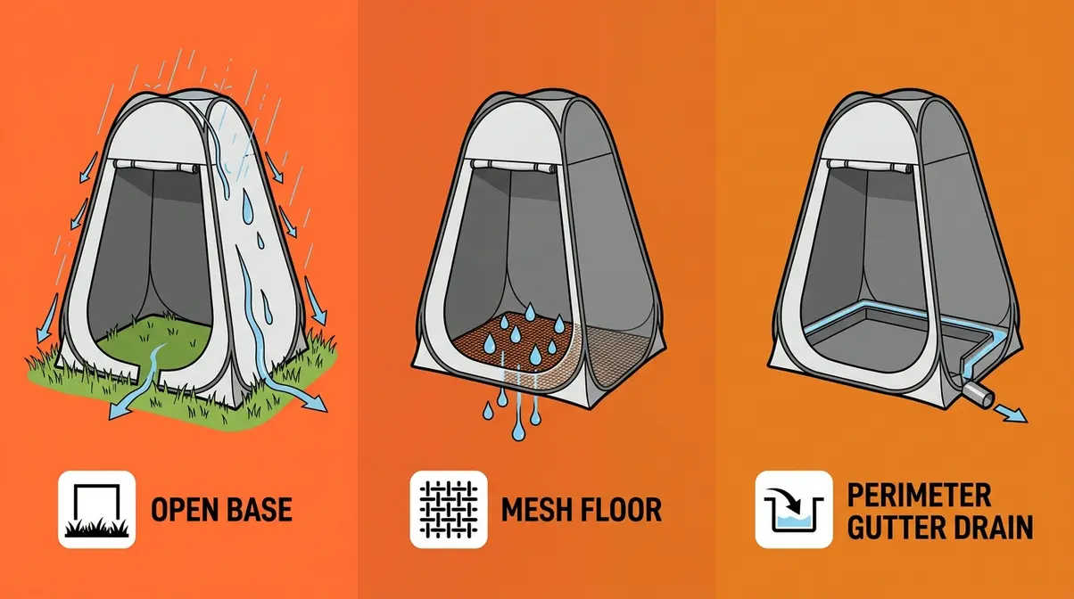 Tent privacy room buying guide showing three drainage floor types for outdoor shower tents