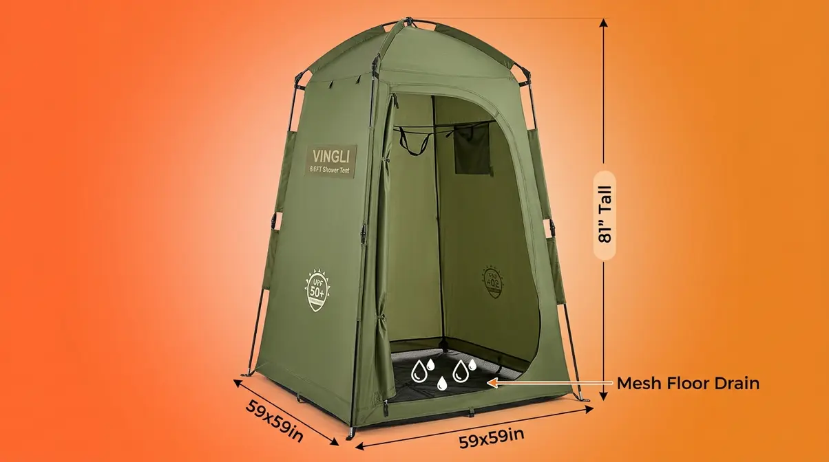 VINGLI 6.8FT Shower Tent with mesh floor drainage and UPF 50 plus rating for camping