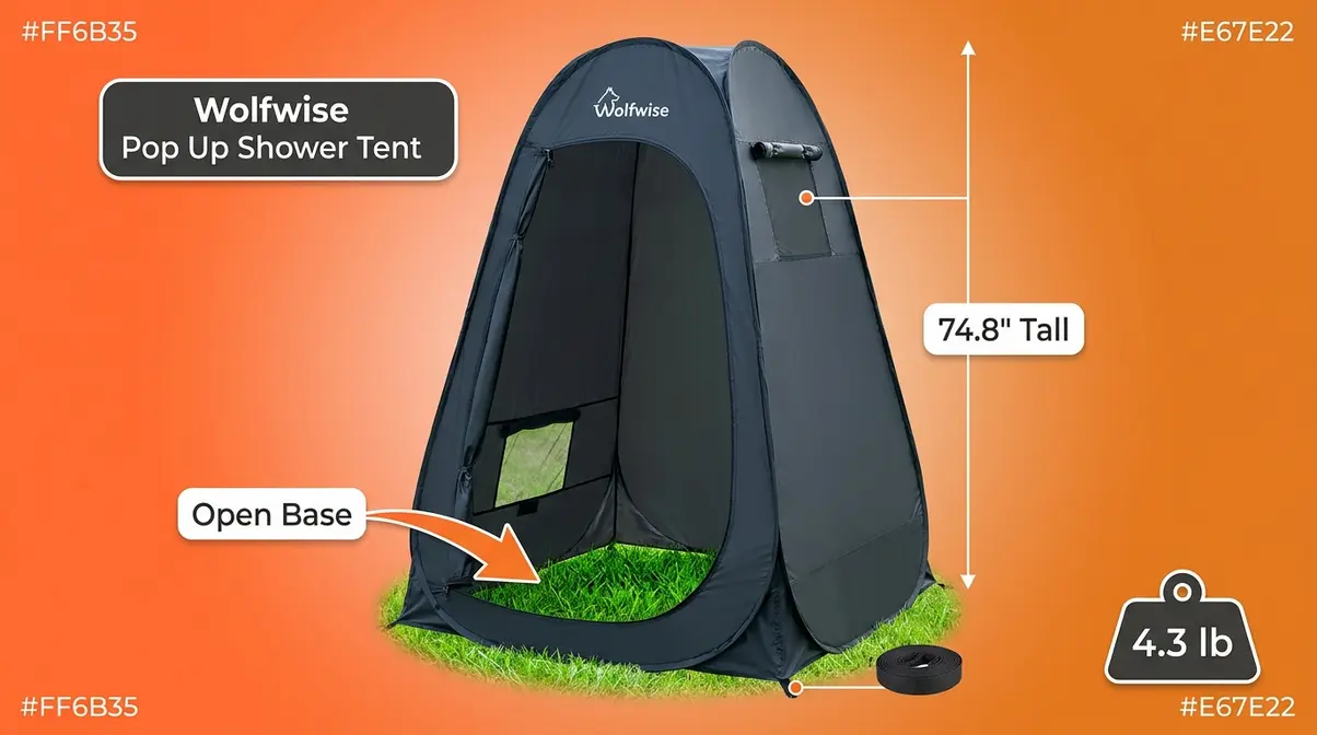 Wolfwise Pop Up Shower Tent with open base design and dual vent windows for beginner campers