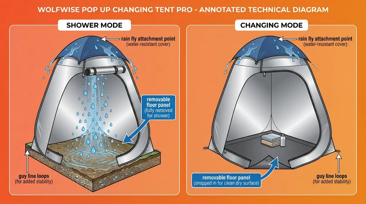 Wolfwise Pop Up Changing Tent Pro diagram showing removable floor panel in shower and changing modes
