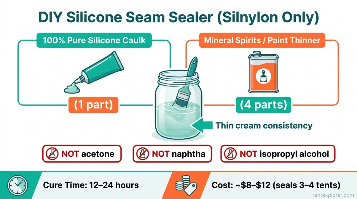 DIY tent seam sealer recipe infographic showing 1 part silicone to 4 parts mineral spirits mixing ratio