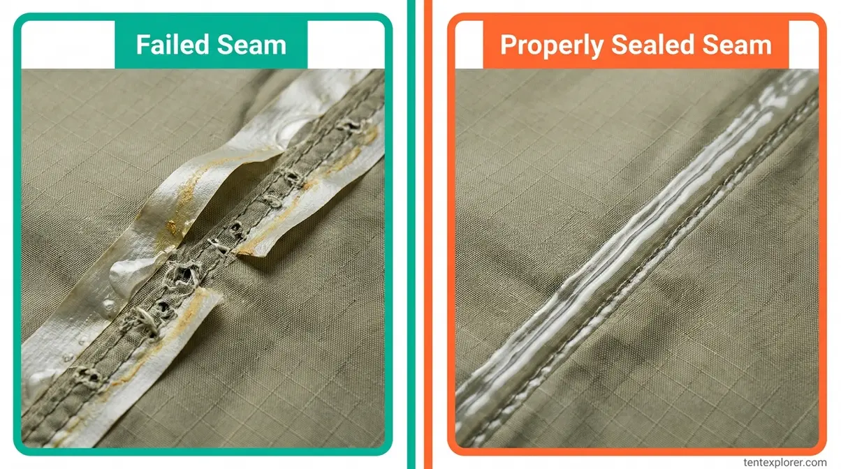 Side-by-side comparison of a peeling tent seam versus a correctly sealed tent seam after tent seam sealing