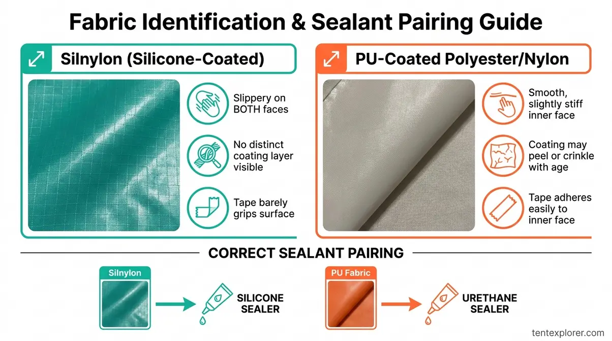 Infographic comparing silicone-coated silnylon versus PU-coated polyester tent fabric identification for tent seam sealing