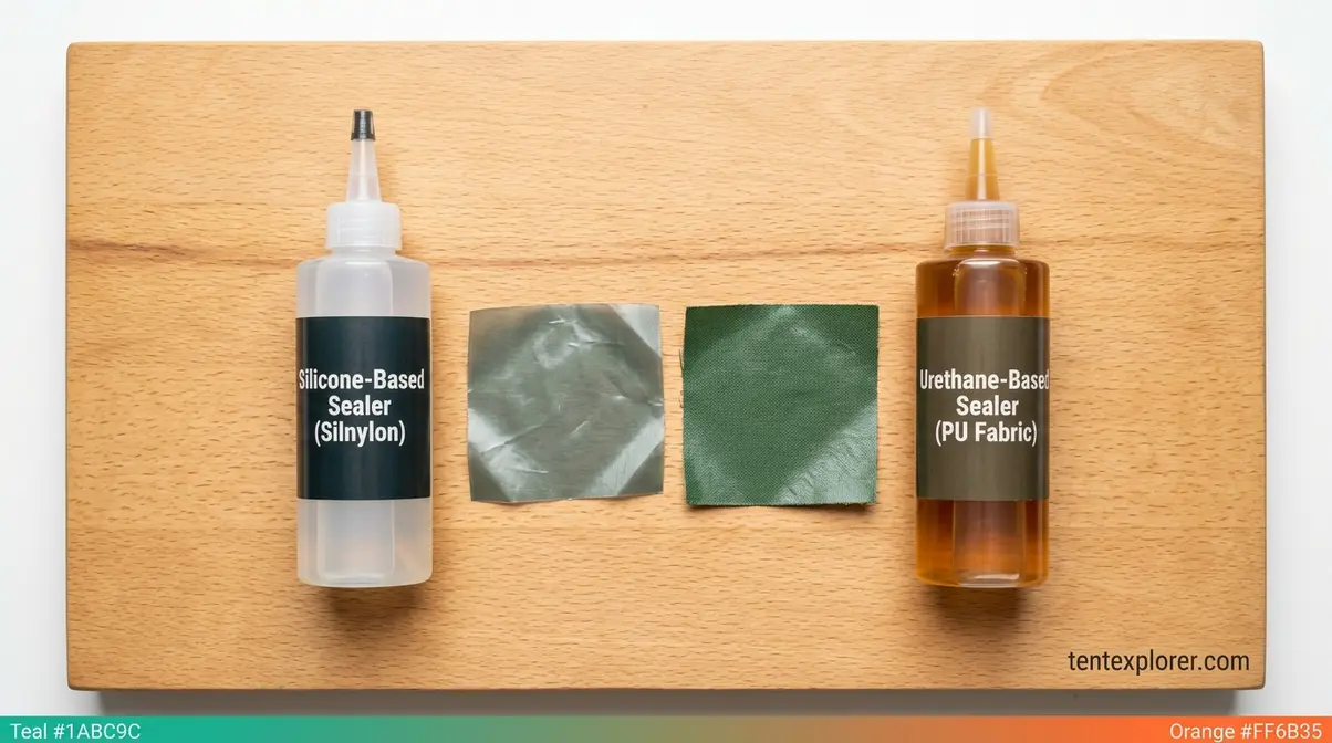 Two tent seam sealer bottles for silicone and urethane fabrics shown beside silnylon and PU fabric swatches