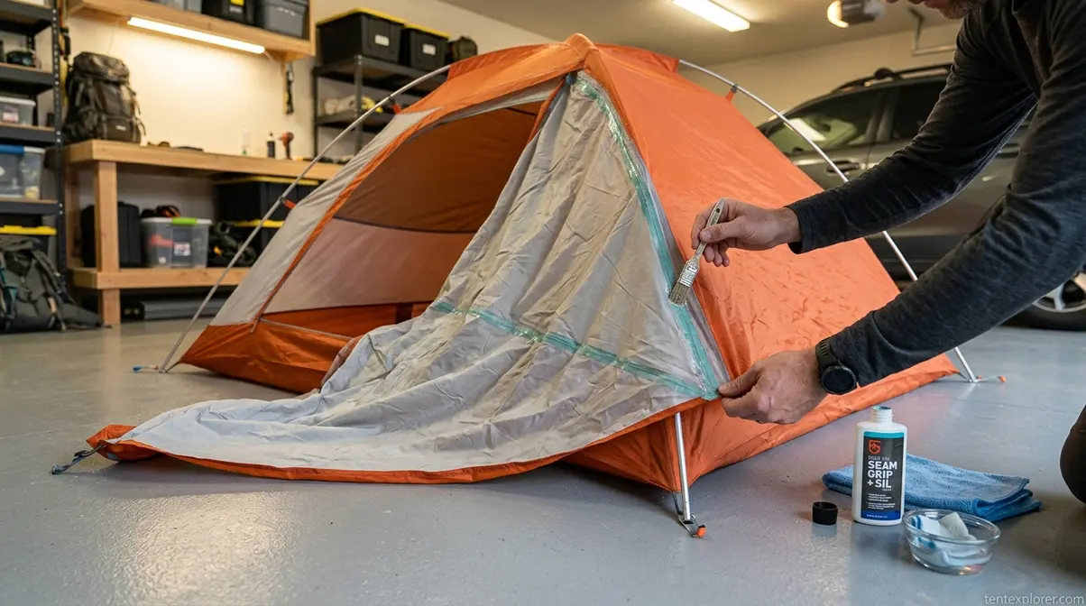 Tent rainfly flipped inside out with camper applying seam sealer along interior seam using acid brush