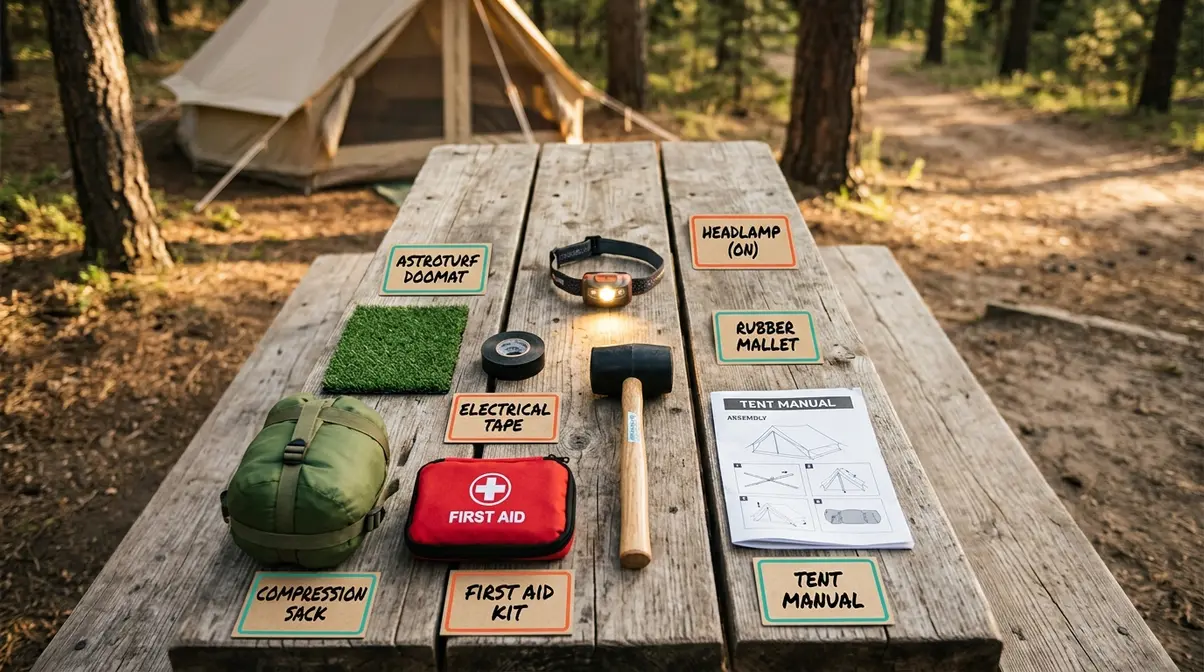 Essential camping hacks gear flat-lay including headlamp rubber mallet and tent manual