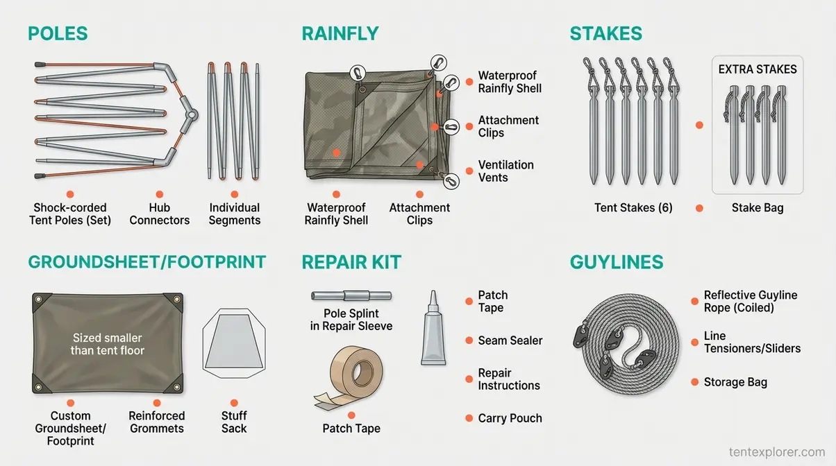 Tent setup tips for beginners infographic showing poles rainfly stakes groundsheet and repair kit laid flat