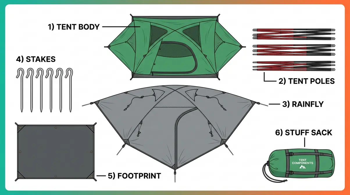 Labeled diagram of tent components for tent setup tips for beginners