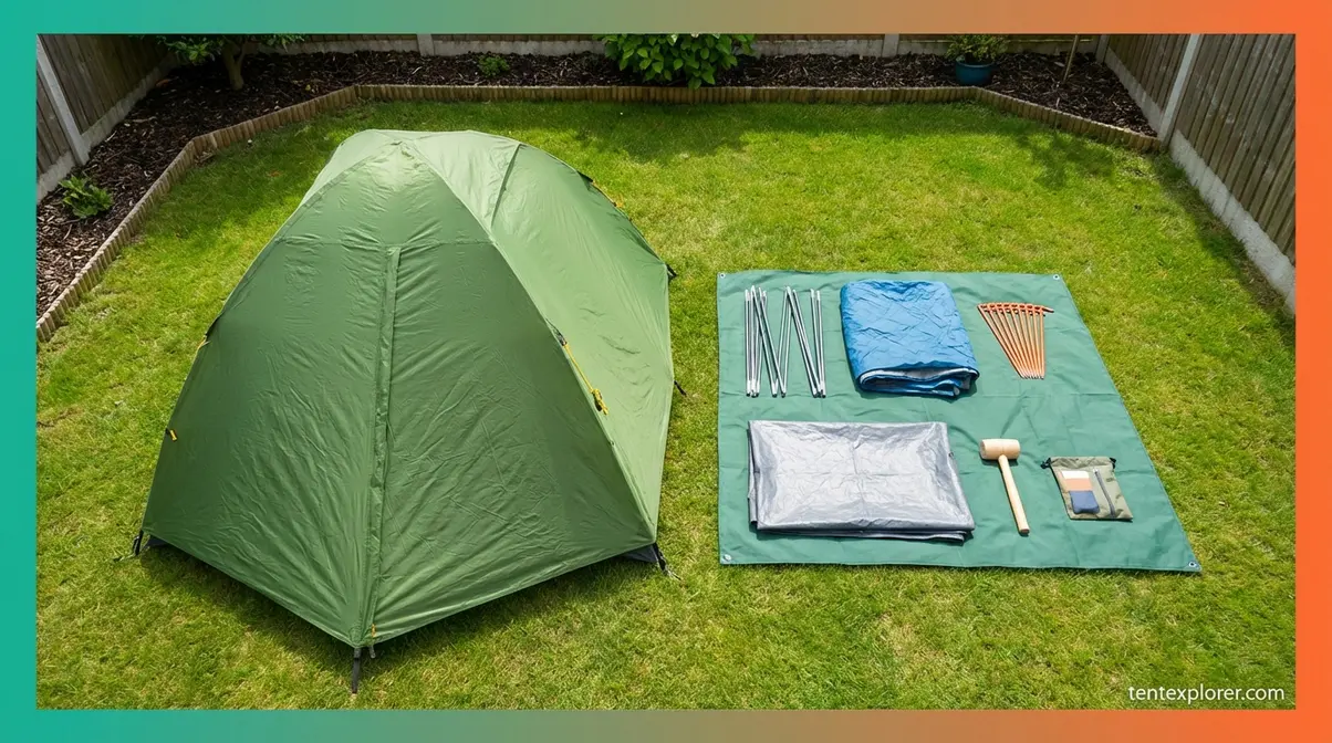Tent gear prep and home practice setup showing all components laid out on a backyard lawn before camping trip