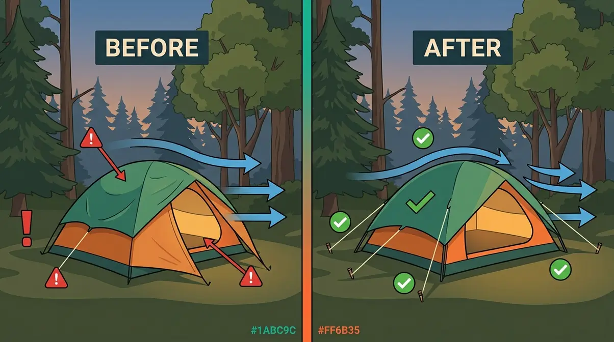 Side-by-side comparison of common tent pitching mistakes versus correct setup