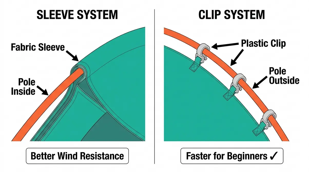 Tent pole sleeve vs clip attachment system side-by-side diagram