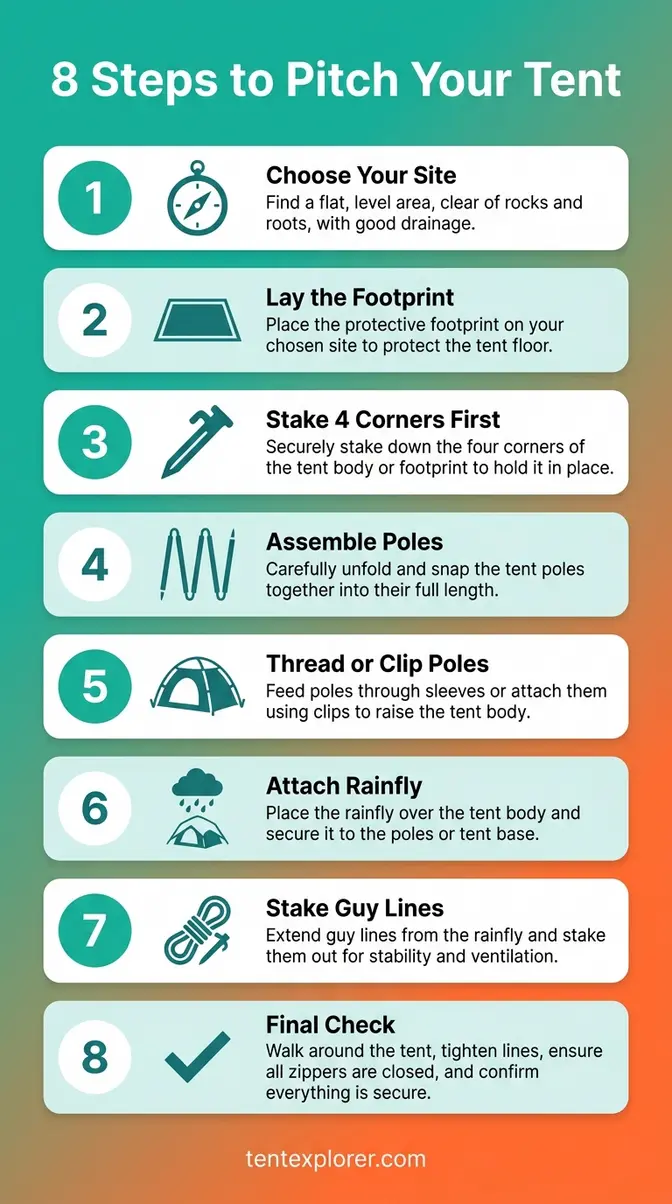 8-step tent setup tips for beginners infographic from site selection to final check
