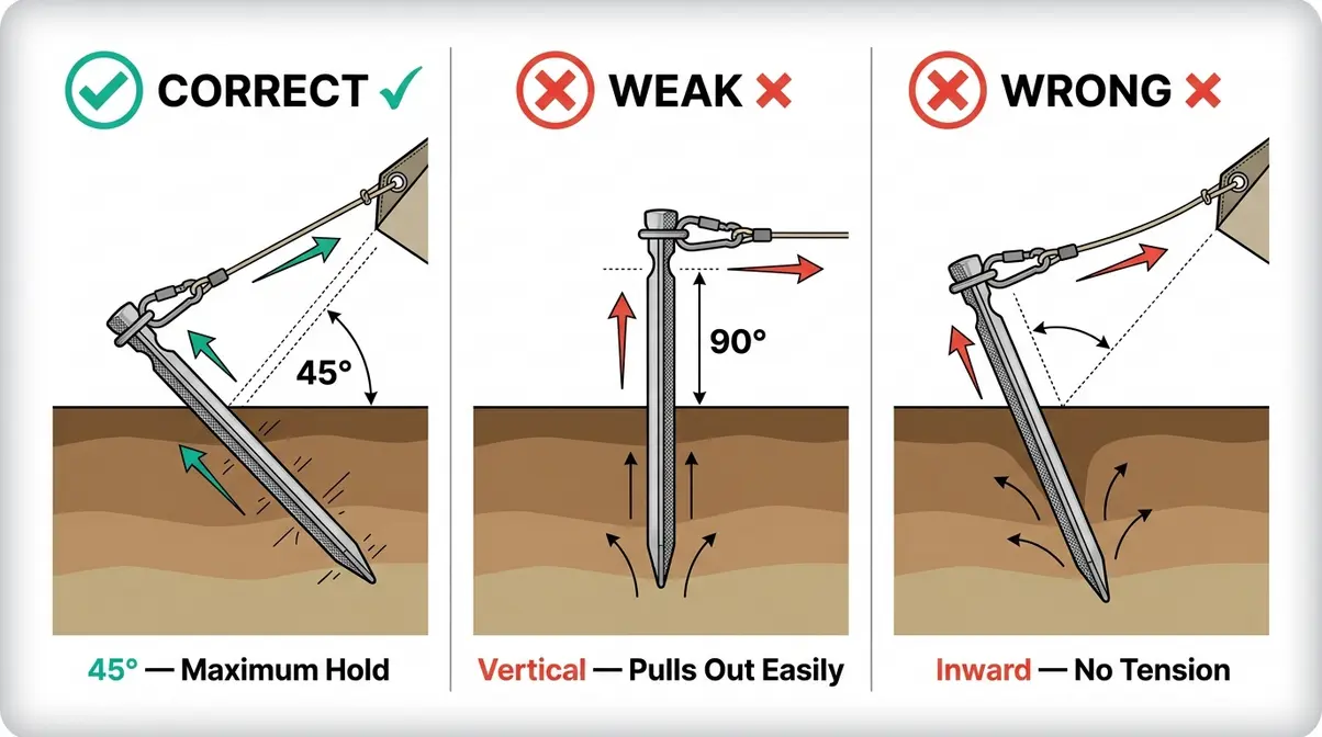 Correct tent stake angle diagram showing 45 degrees pointing away from tent