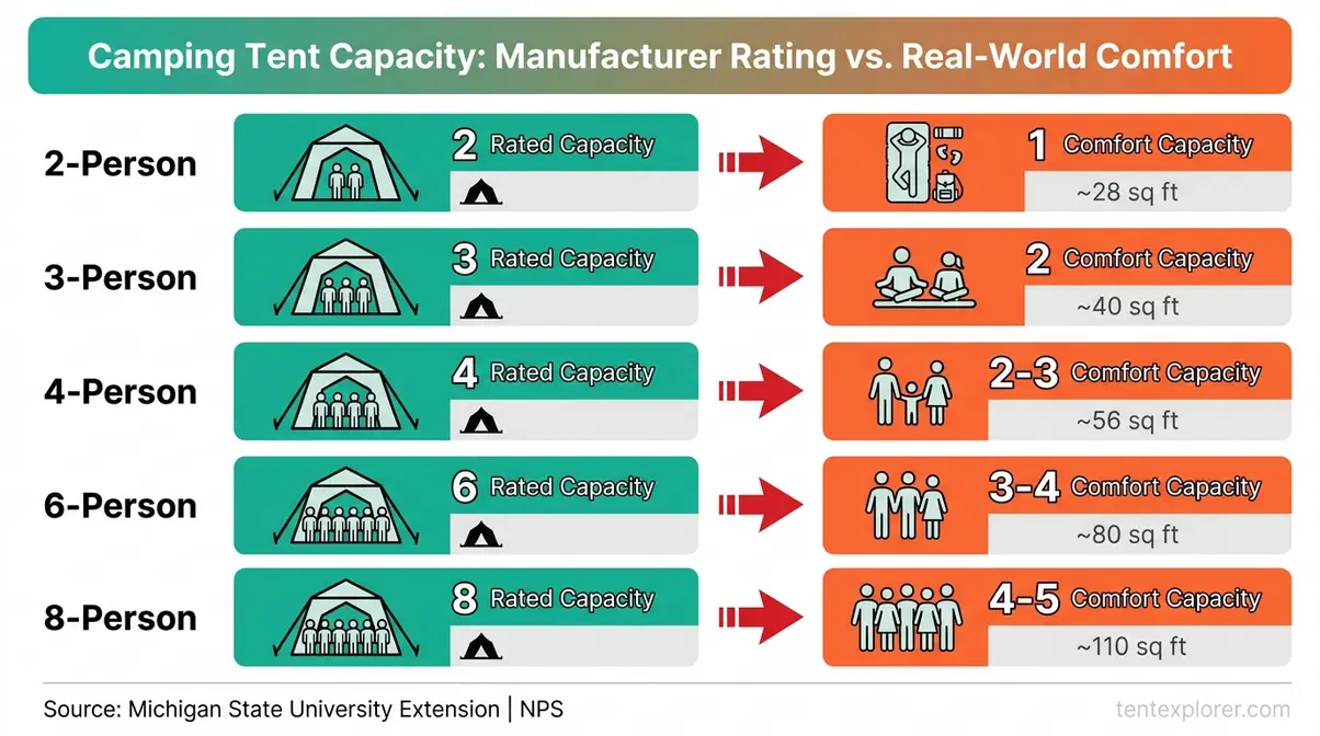 Camping tent size chart comparing manufacturer-rated capacity to comfortable real-world capacity, showing the capacity gap for 2-person through 8-person tents
