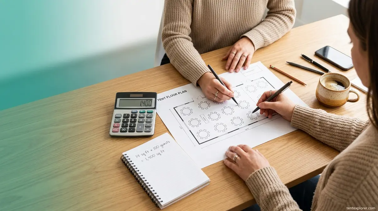 Event planner calculating base tent space per guest using a floor plan and calculator on a desk