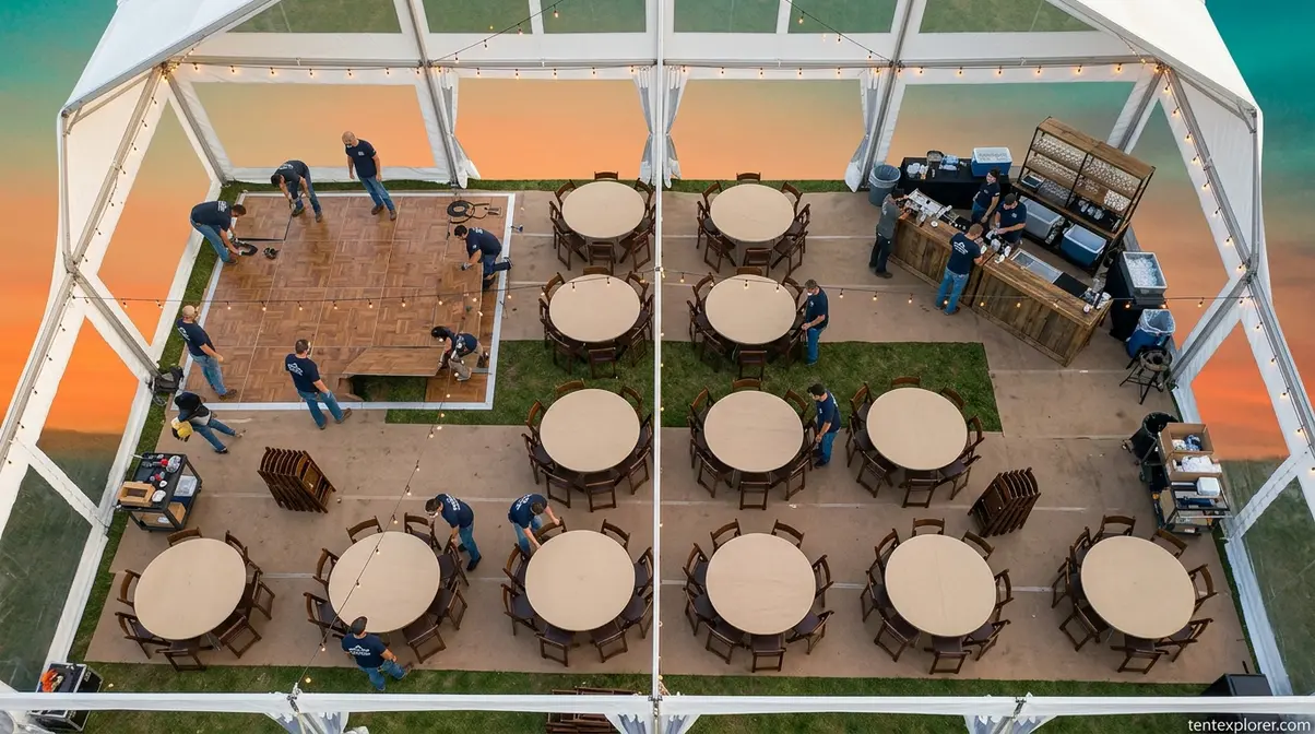 Event tent interior being set up with dance floor, bar station, and round dining tables for a large outdoor event