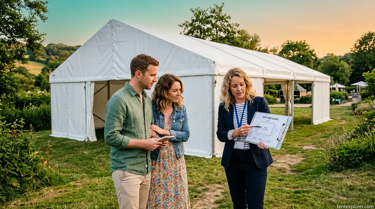 Couple reviewing tent size chart with event coordinator outside a large white frame tent at an outdoor venue
