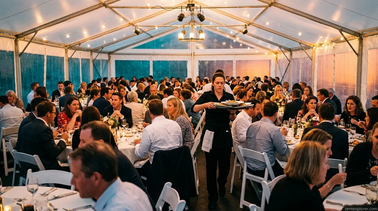 Crowded event tent showing guests packed tightly at round tables due to a tent sizing mistake with insufficient space