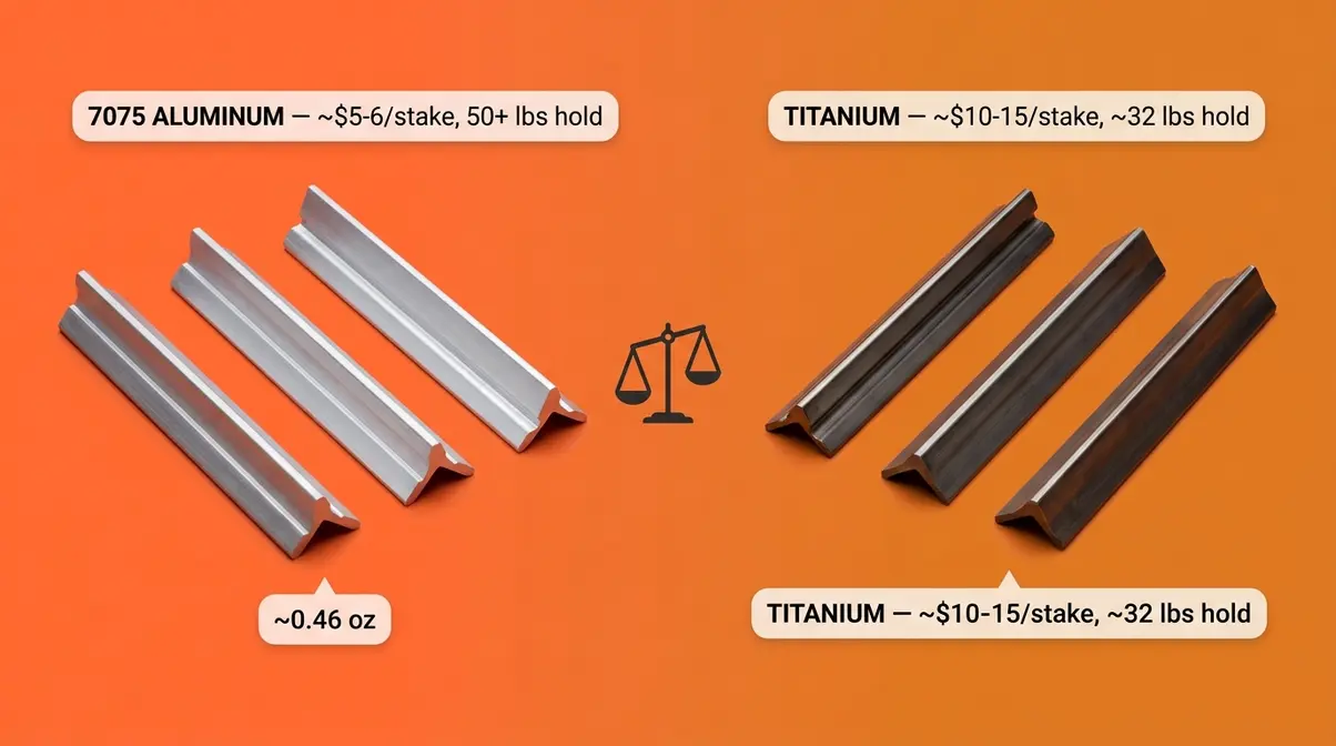 Aluminum versus titanium tent V-stakes side by side showing weight, cost, and holding power differences