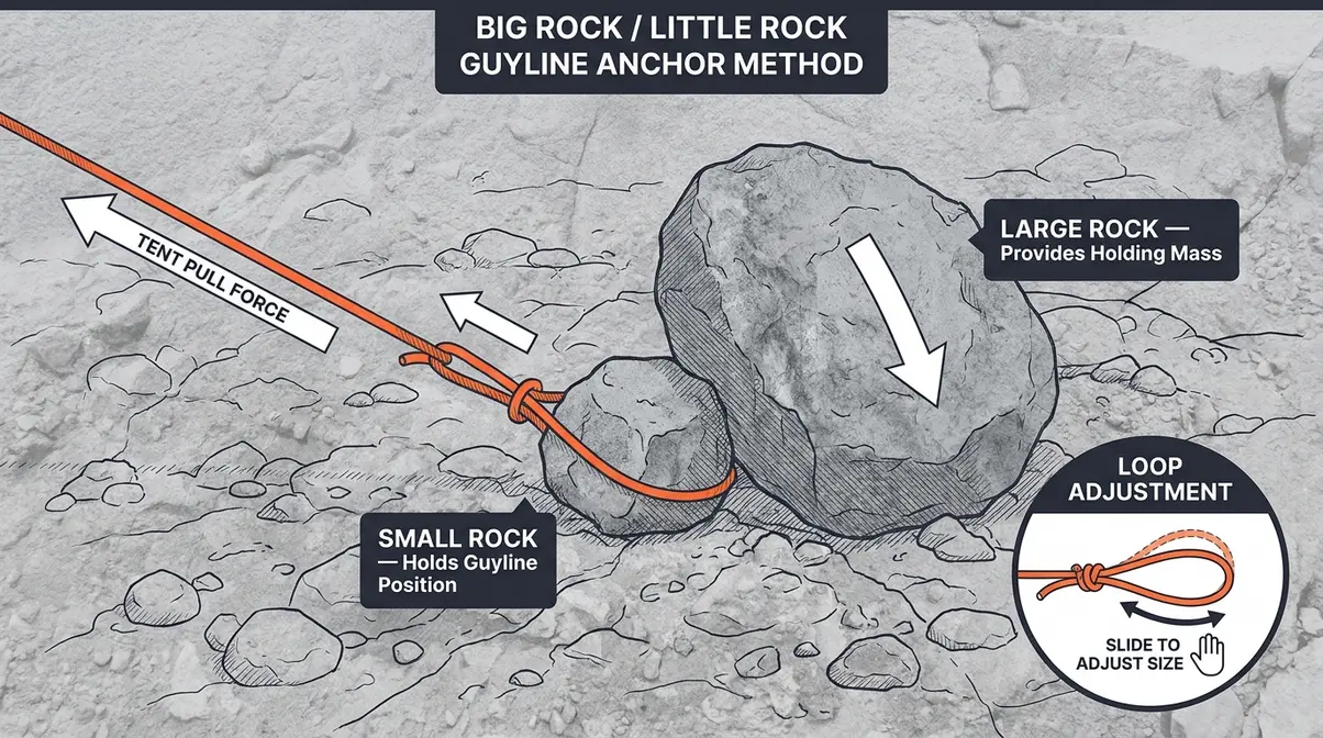 Diagram showing the big rock and little rock guyline anchor system for tent stakes on rocky ground