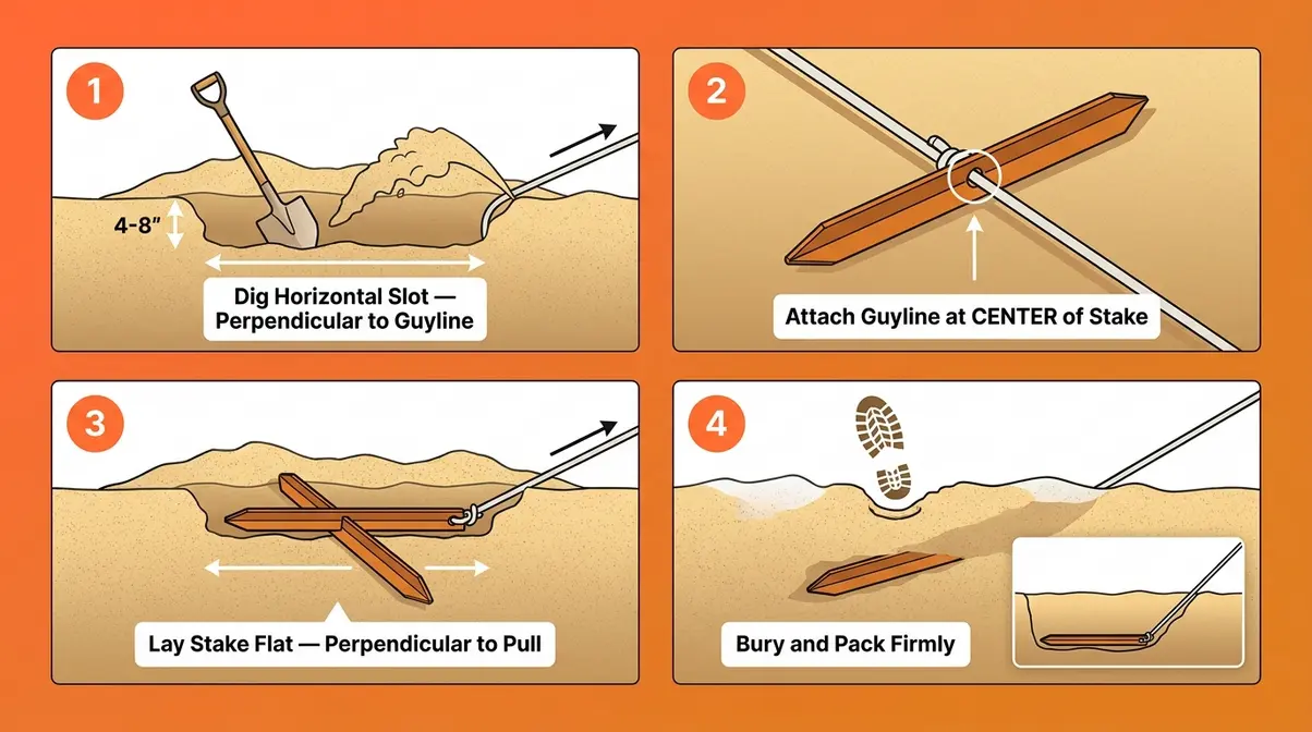 Step-by-step diagram showing how to set a deadman anchor using a tent V-stake buried horizontally in sand or snow
