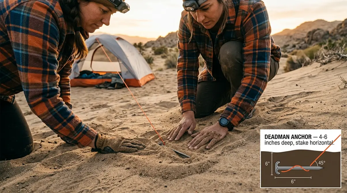 Camper setting a deadman anchor by burying a tent V-stake horizontally in sand