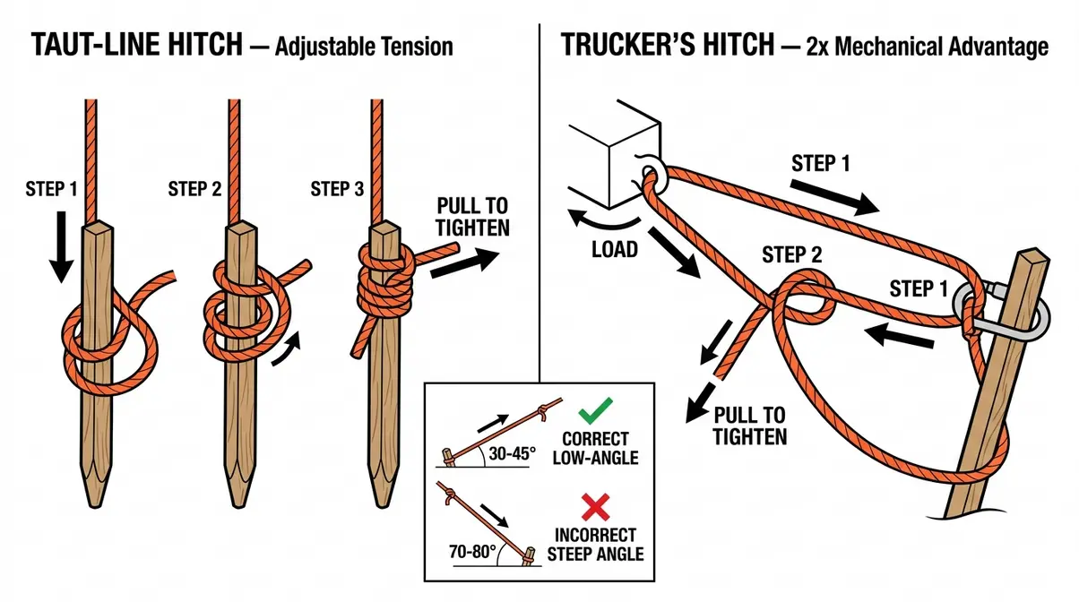 Step-by-step diagram showing correct guyline attachment using taut-line hitch and trucker's hitch knots