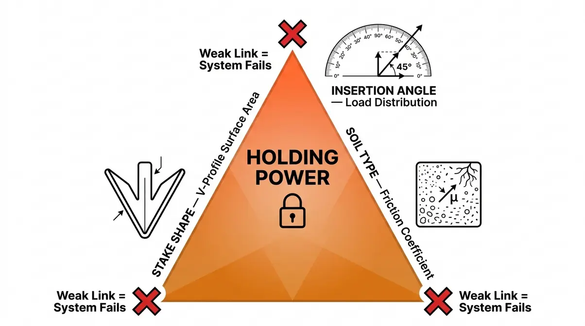 Diagram showing the three factors of tent V-stake holding power — shape, soil type, and insertion angle