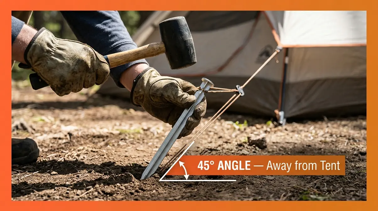 Hands driving a tent V-stake at correct 45-degree angle away from tent using rubber mallet