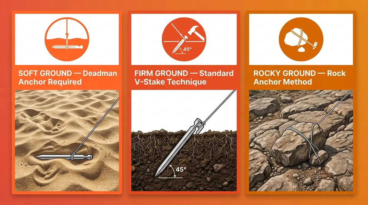 Three terrain types for tent V-stakes — soft sand, firm loam, and rocky ground side by side