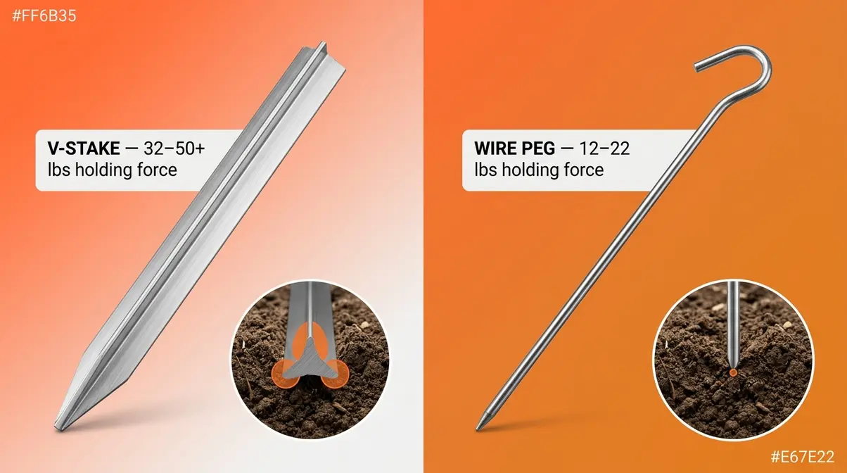 Side-by-side comparison of aluminum tent V-stake and wire shepherd's hook peg showing holding power difference