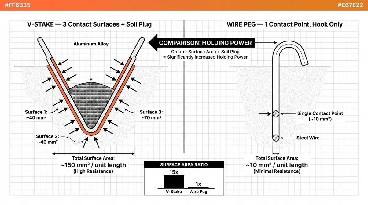 Cross-section comparison of tent V-stake and wire shepherd's hook stake showing surface area difference
