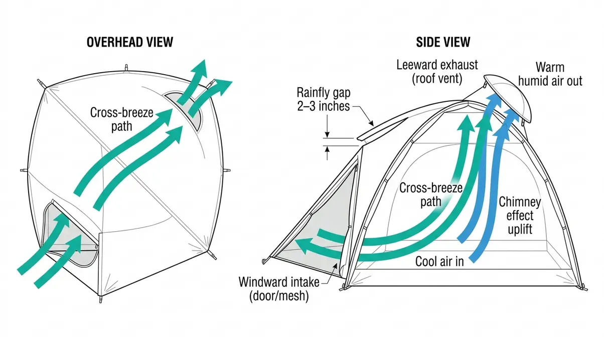 Diagram showing airflow entering through a low tent door and exiting through a roof vent demonstrating cross-breeze setup